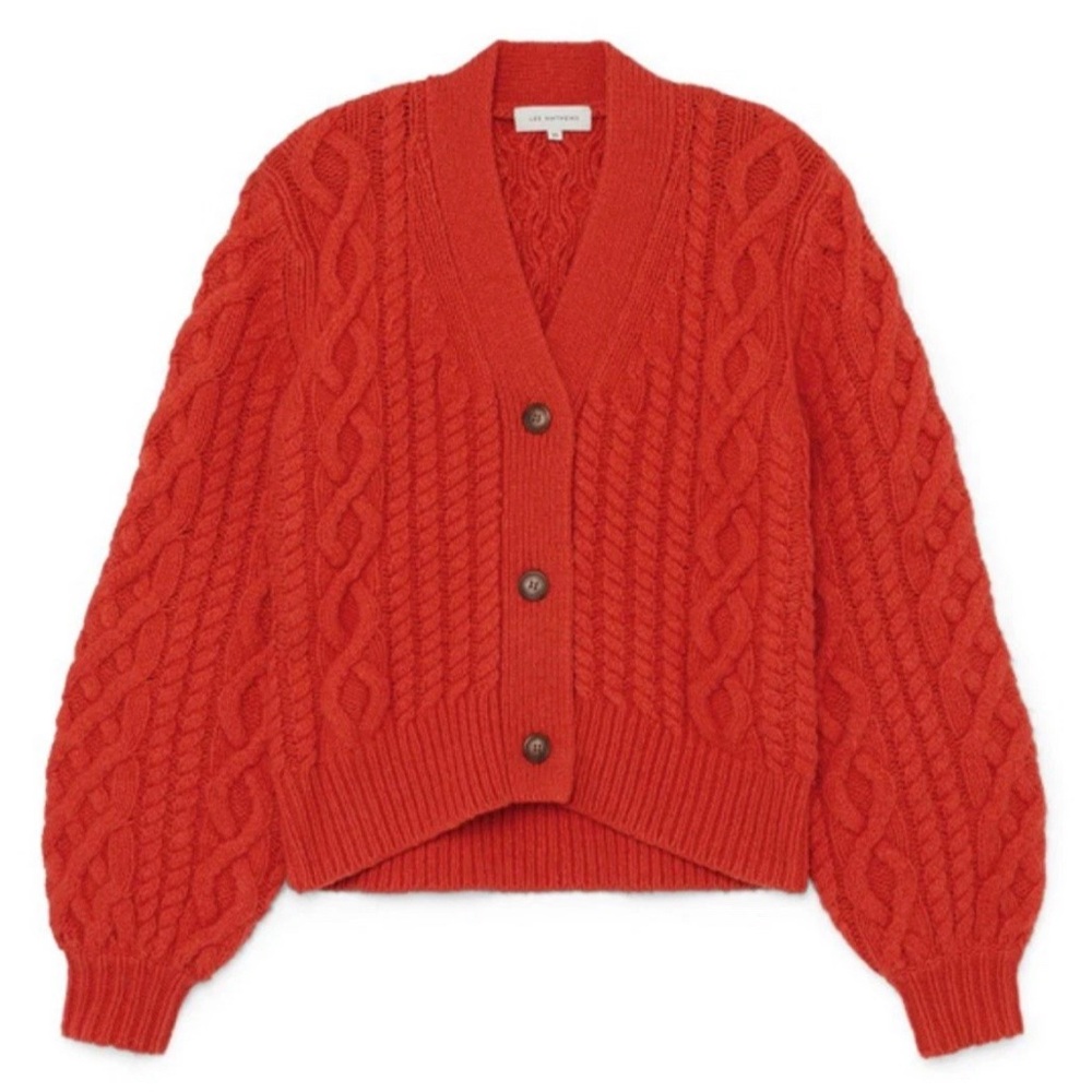 Lee Mathews Stanford Orange Red Cable Knit Cardigan Size Large